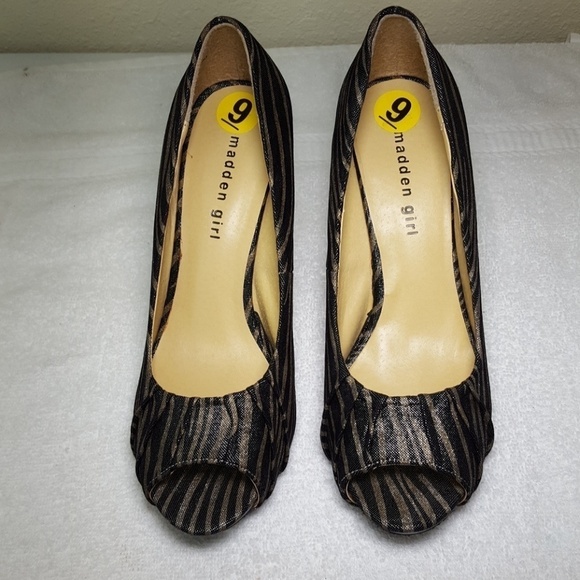 MADDEN GIRL Dark Gold & Black Striped Heels Party Special Event, size 9 - Picture 3 of 8